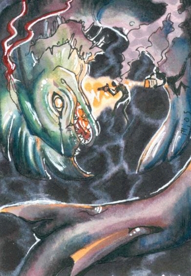 a large creature based on a frilled shark is lit by the lantern of two divers. it is bleeding.
