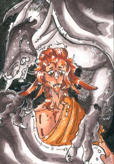Mars stands as the only colored character in the piece. behind him is 'ithe, the atize matix who became one of his primary caretakers 'ithe is hunched over and crying, their face twisted into a snarl. mars is staring at the flag below him frozen in place, his ears lowered. the two are framed with blank flags above and below.