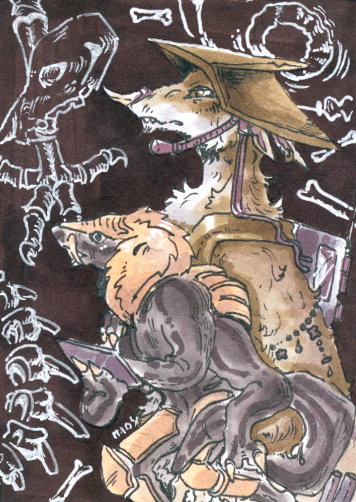 two figures stand in front of a background of bone sketches. the larger figure of the two is a tan furred matix, they carry a radio on their back and have a headset that sticks out under their hat. the smaller of the two, a highhand carrying a tablet, climbs over the matix's arms. 